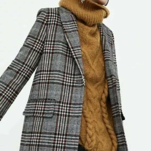 ZARA plaid checked wool bland coat onebreasted lined size S - Picture 1 of 10